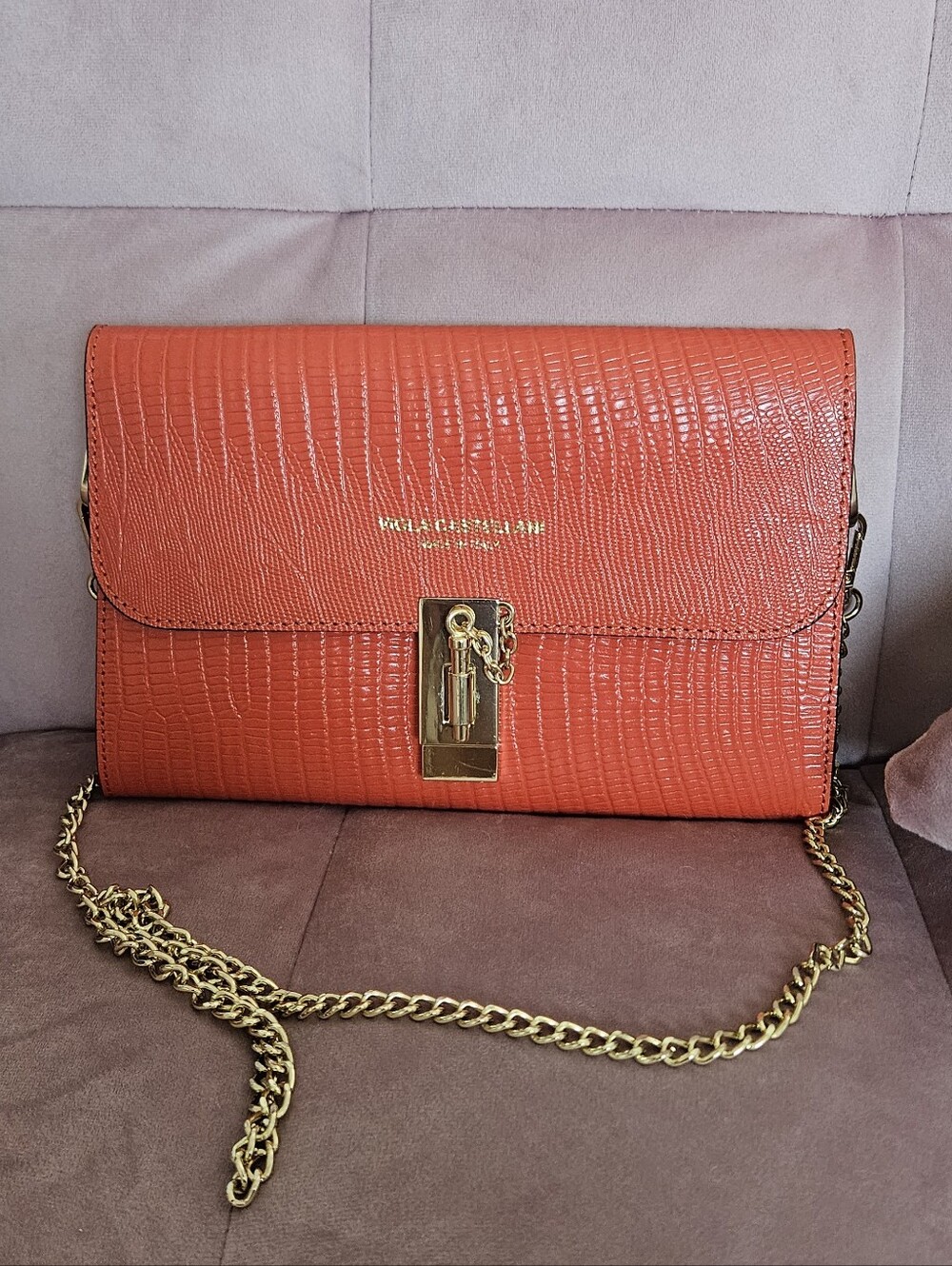NWT Viola Castellani Italy Orange Bag Crossbody Golden Chain